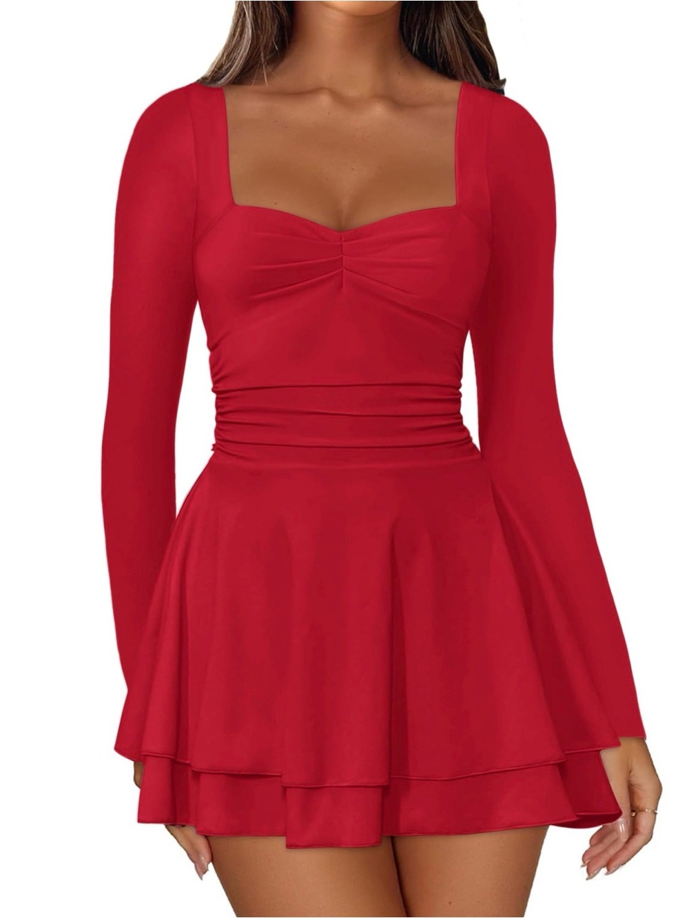 Red Long-Sleeve Square Neck Skater Dress
